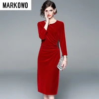 markowo designer brand 2022 womens new round neck velvet beaded red lady style dress banquet solid color dress skirt