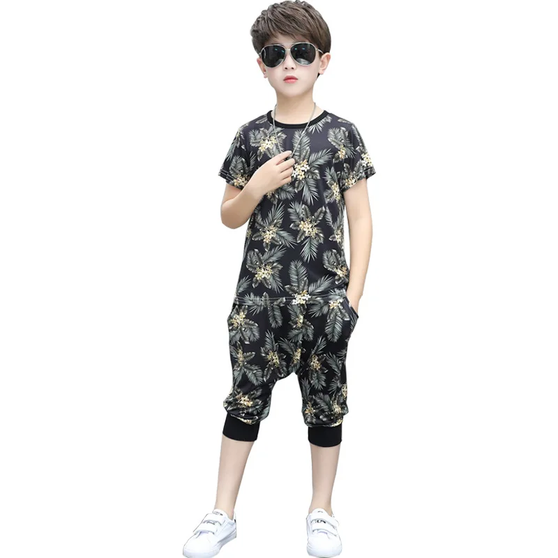 

Kid's Summer Boys' suit 2020 new children's short sleeve clothes children's Summer Boys' Printed T-shirt + Harlan shorts set