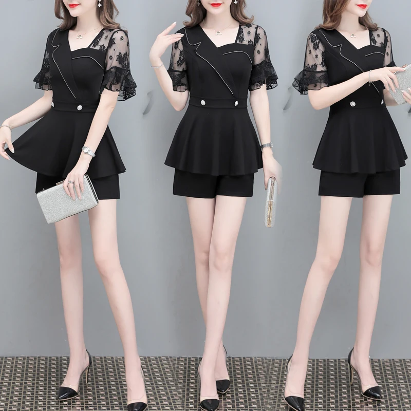 

Комплекты для женщин, лето 2020, Новый Модный повседневный комплект из двух предметов, женский топ с коротким рукавом и шорты с широкими штани...