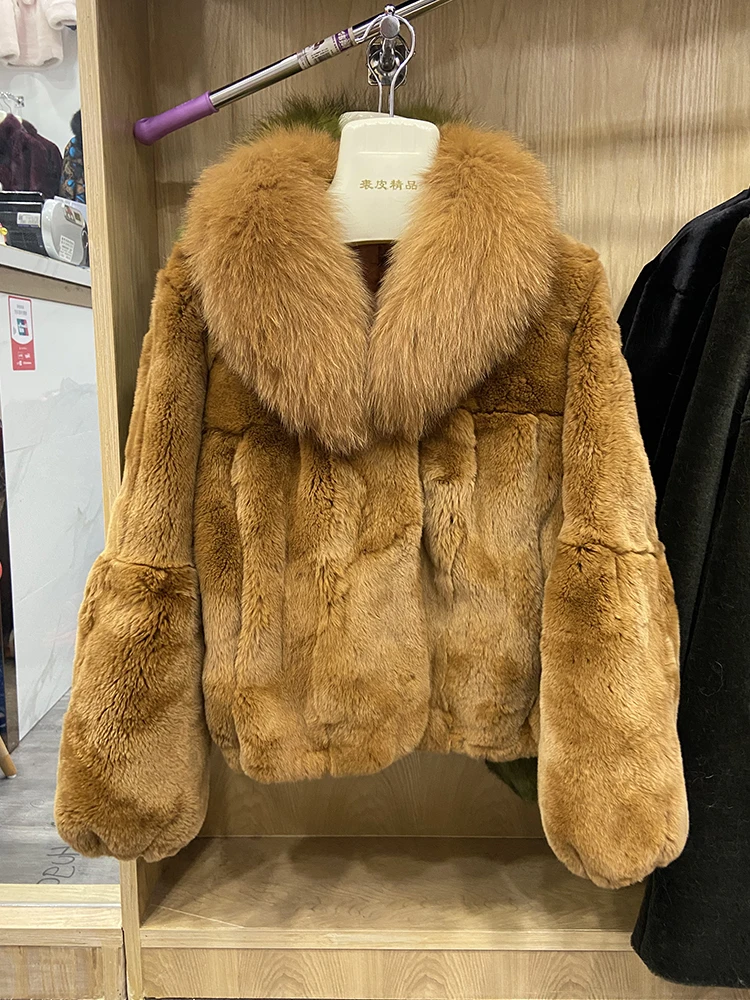 Hot Sale Women Winter Soft Solid Thick Real Rex Rabbit Fur Warm Coat Real Fox Fur Collar Outerwear 50cm Length