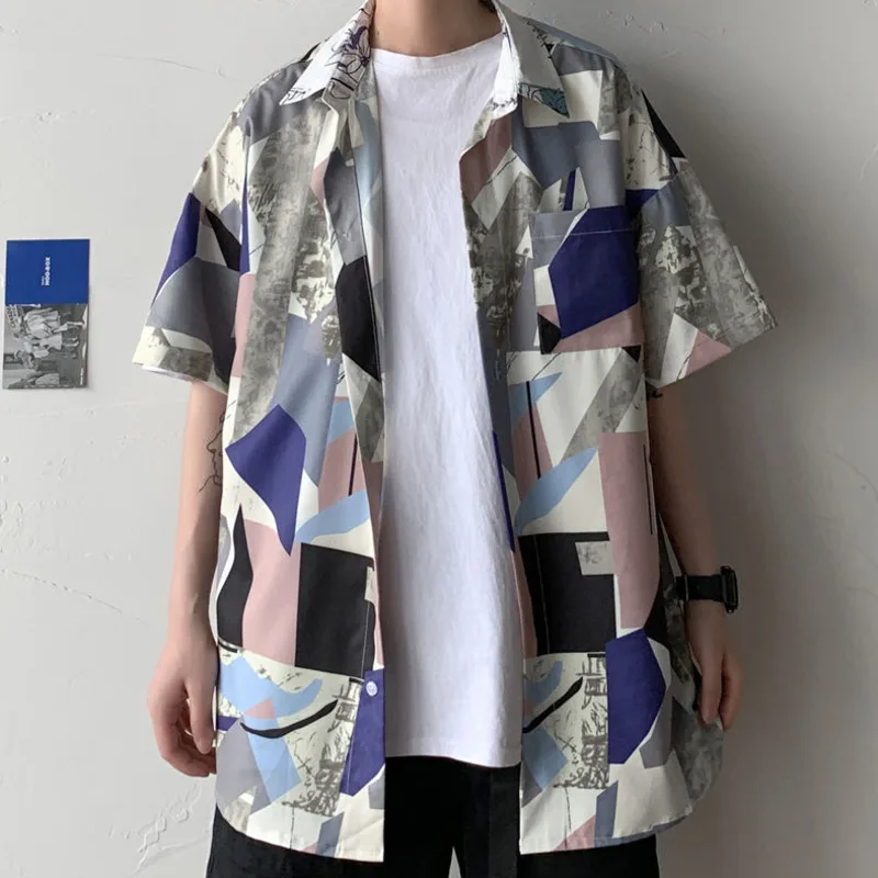 Summer Dress Shirt Men's Fashion Geometric Printed Casual Shirts Mens Streetwear Wild Loose Short Sleeve Shirt Men M-5XL