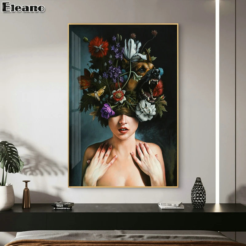 

Flowers Bee on The Sexy Woman Man's Head Canvas Painting Abstract Living Room Decoration Wall Pictures Nordic Art Poster Decor