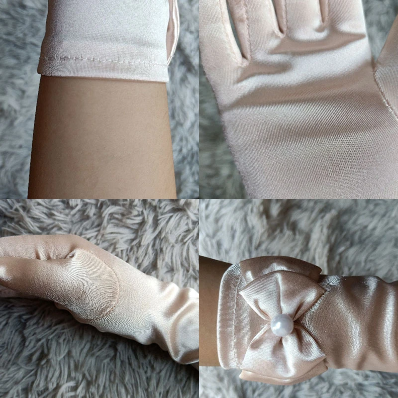 

New Satin Bow Pearl Kids Girls Wedding Dress Costume Accessories Children Full Finger Mittens Princess Dance Stage Long Gloves