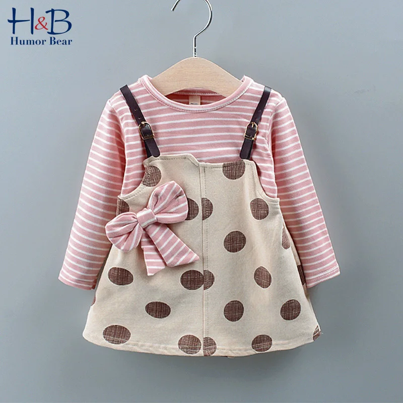 

Humor Bear Autumn Children'S Clothing New Girls Long-Sleeved Dress Striped Polka Dot Fake Two-Piece Bow Baby Kids Dress