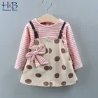 Осенняя детская одежда Humor Bear, новинка, платье с длинным рукавом для девочек, платье в полоску в горошек с имитацией двух предметов, детское платье с бантом
