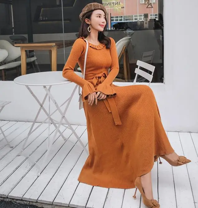 2019 осеннее и зимнее элегантное однотонное длинное платье-свитер для женщин с