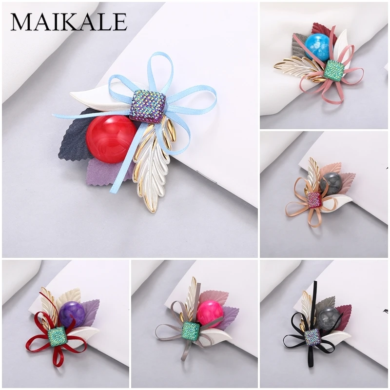 MAIKALE Art листья из ткани брошь булавки жемчуг цветок Акриловые Броши с бусинами для Женская бутоньерка шаль детские подвесные аксессуары для сумок