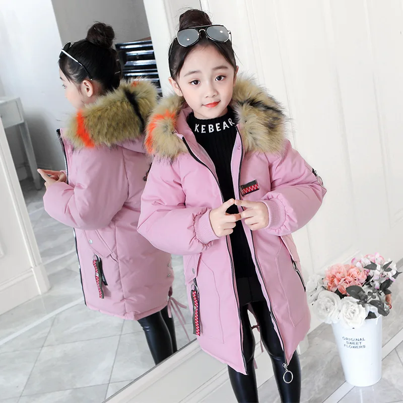 pink Г. Модная детская одежда зимняя куртка одежда для девочек детская теплая Толстая парка разноцветное пальто с капюшоном и меховым воротником Подростковая От 3 до 13 лет - Цвет: pink