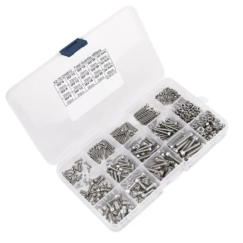 Комплект гаек с шестигранной головкой из нержавеющей стали 480 шт. M2 M3 M4 304 +
