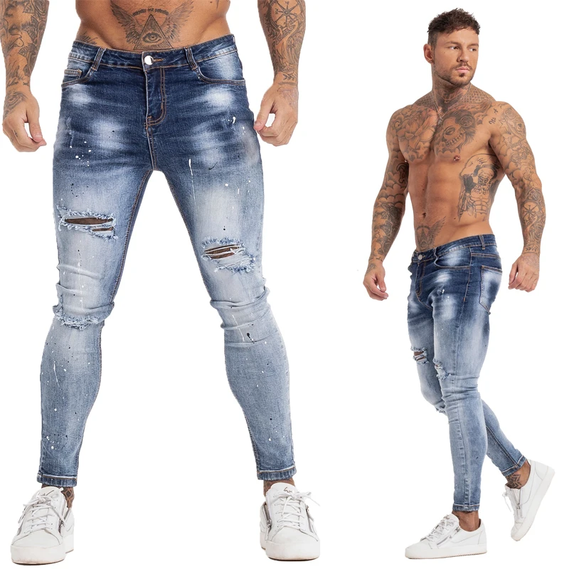 

Jeans Men Elastic Waist Skinny Jeans Men 2021 Stretch Ripped Pants Streetwear Mens Denim Jeans Blue
