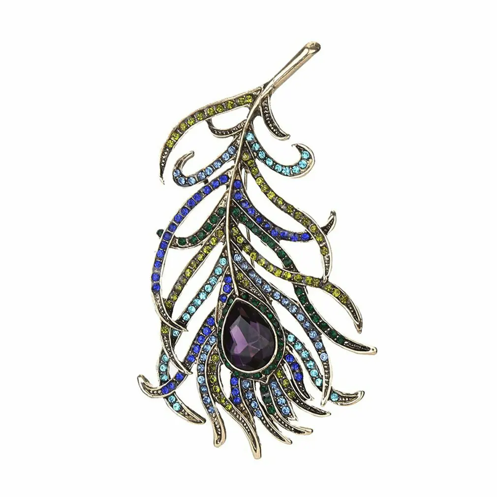

New Women Vintage Peacock Feather Brooch Pin Elegant Lapel Scarf Coat Rhinestone Pin Dress Decor Jewelry Accessory Birthday Gift