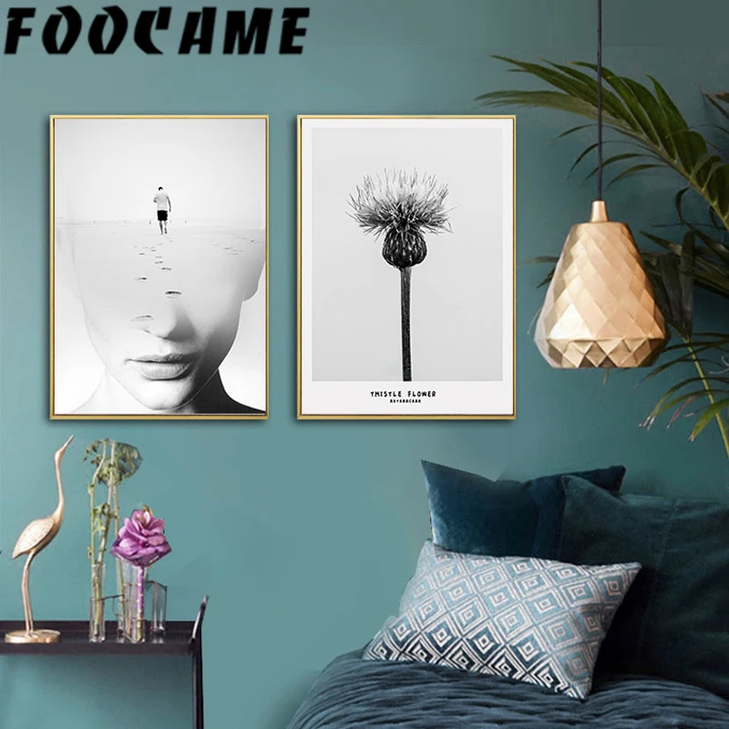 Скандинавский абстрактный черно-белый портрет расторопши цветок украшение