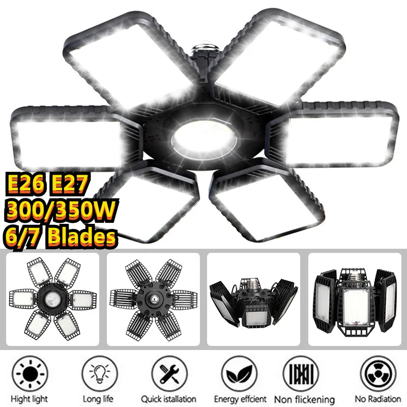 

NEW LED Garage Light LED High Bay Workshop Ceiling Light Warehouse Lighting Bulb 300/350W Adjustable 6/7 Leaf Deformable Lamp