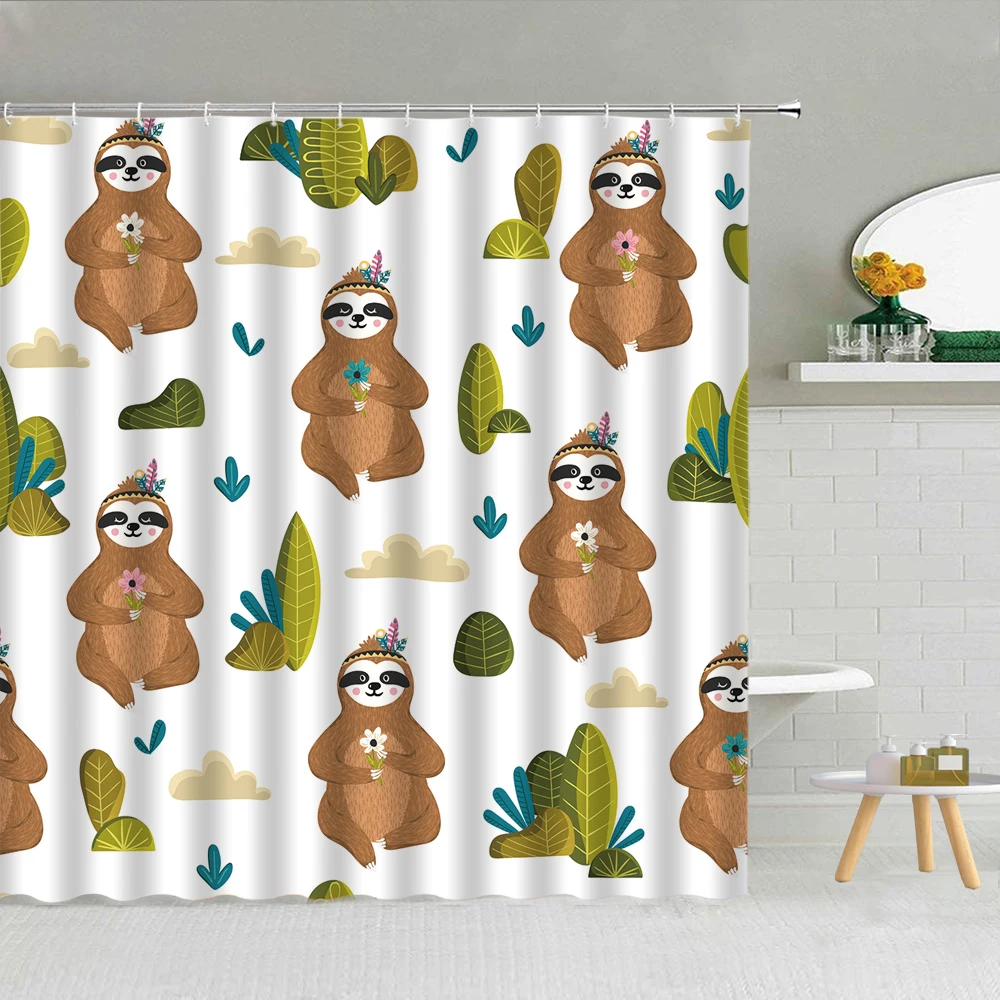 

Cartoon African Folk Customs Shower Curtain Woman Elephant Giraffe Antelope Green Plant Leaf Cloth Bathroom Decor Hooks Curtains