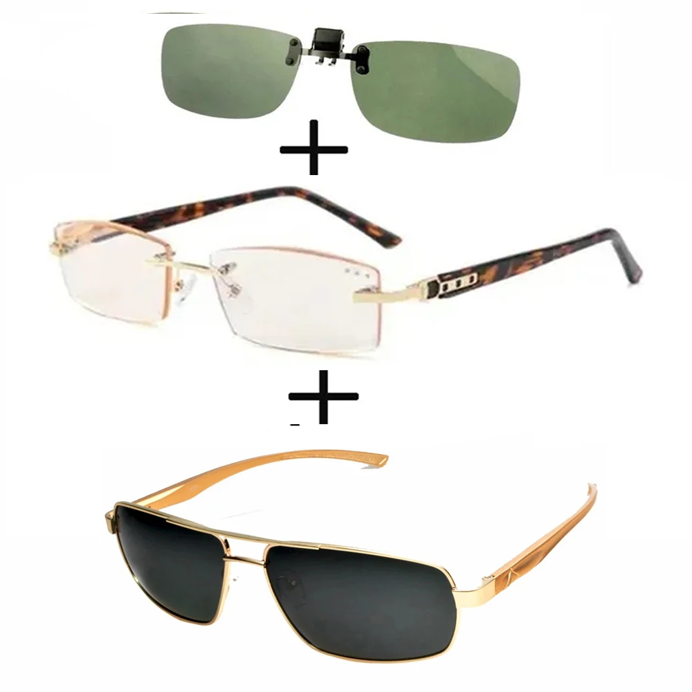 

3Pcs!!! Titanium Gentleman Diamond Cut Reading Glasses Men Women + Polarized Sunglasses Pilot Luxury Alloy + Sunglasses Clip