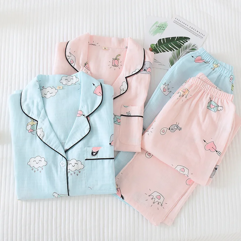 

Spring Summer New Style Woven Cotton Home Wear Women's Lapel Thin Section Printed Cotton Pajamas Casual Double Gauze Home Wear