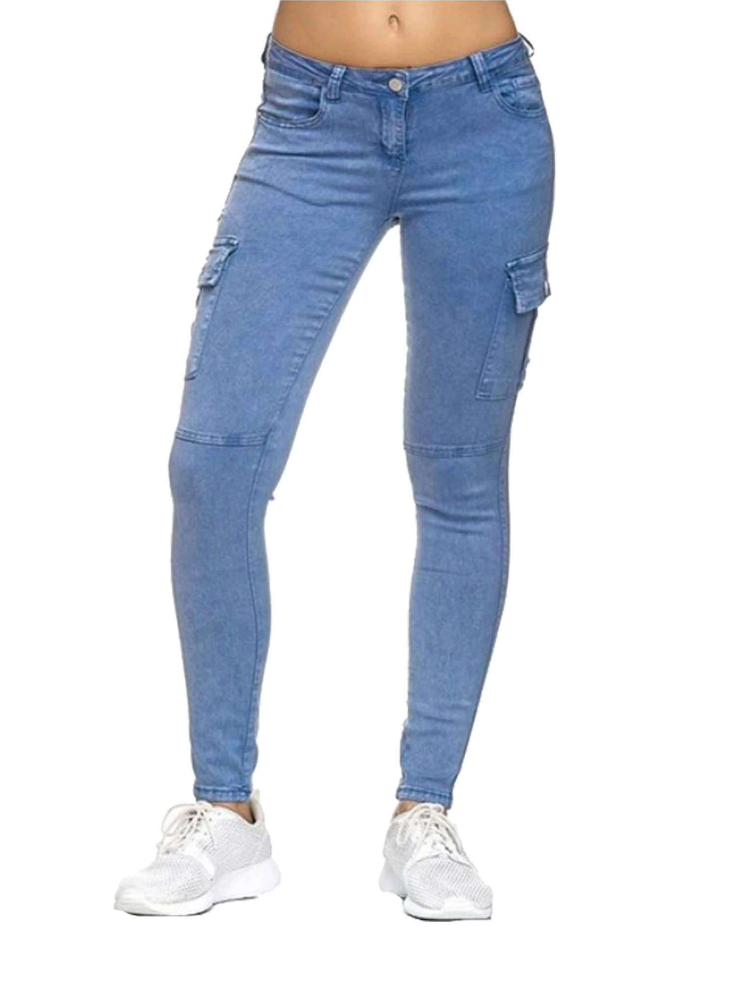 

Women's Solid Color Stretch Pants, Tight Low Waist Slim Trousers, Casual Side Pockets Decoration Long Pants