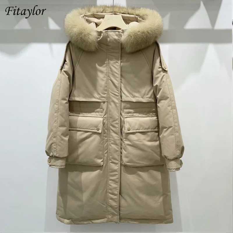 Fitaylor 90% White Duck Down Jacket Women Big Real Raccoon Fur Feather Coat Casual Windproof Warm Winter Long Sleeve Outwear | Женская