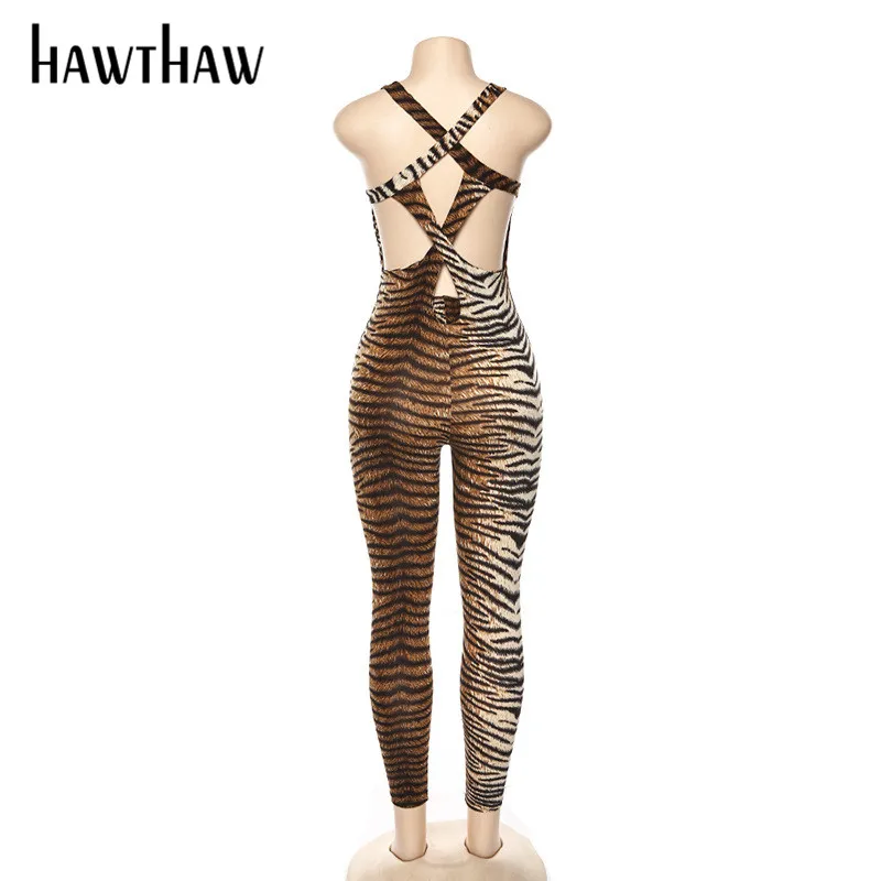 

Hawthaw Women Autumn Casual Backless Jumpsuit Tiger Printed Playsuit Fitness Skinny Romper 2020 Fall Sportswear Workout Clothes