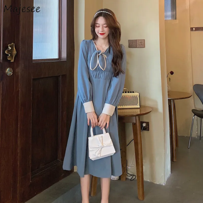 

Long Sleeve Dress Women High-waist Slim Bow Solid Elegant Pleated Midi-dresses A-line Sweet Lady Fashion Vintage All-match Chic