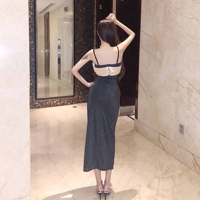 

Real shot 2019 new fashion design temperament sexy sparkling bow sling one word collar strapless Slim woman dress