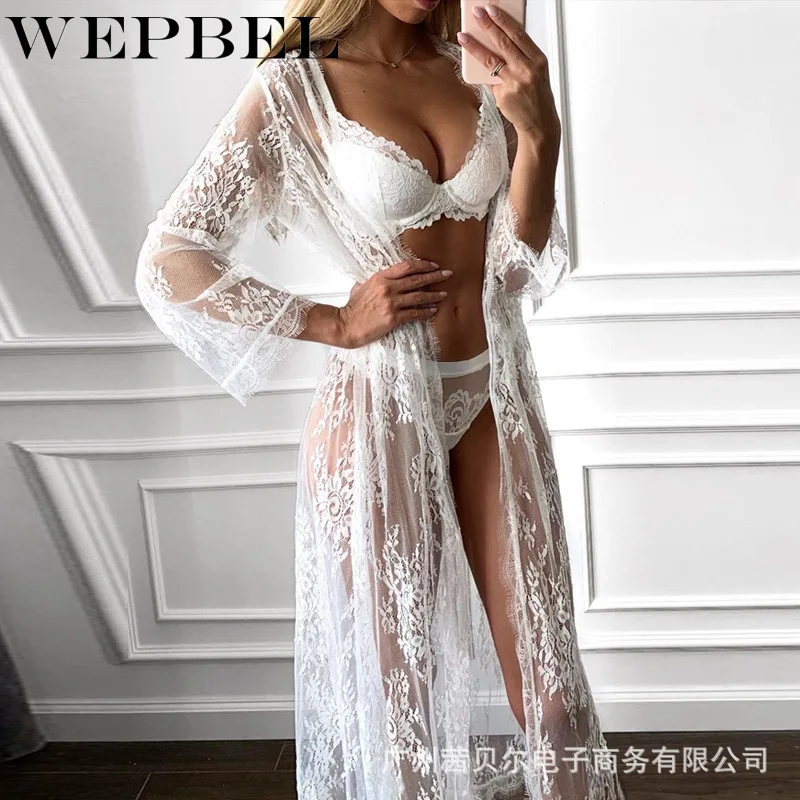 

WEPBEL Women's Sexy Lace Pajamas Three-Piece Suit Fashion Flare Sleeve Cardigan Long Coat + V-neck Bra + Elastic Waist Underwear
