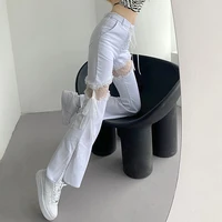 hollow out wide leg jeans 2021 summer women white high waist jeans sexy flared lace harajuku pants patchwork vintage streetwear