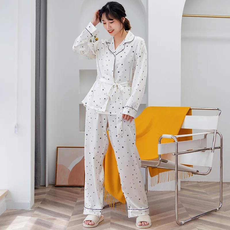Women Stain Pajama Set Silk-like Glossy Piped Long Sleeve Top and Pants Full Printed Nightwear Ladies Homewear Loungewear