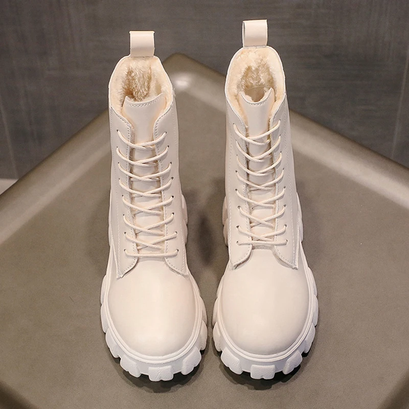 

Autumn Winter Warm Plush PU Leather Botas Mujer Thick Sole Lace Up Shoes Woman