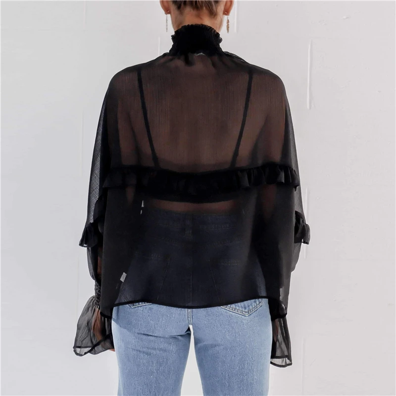

2019 New Women Blouses Sexy See Through Ruffle Chiffon Blouse Elegant Perspective Long Sleeve Shirt Turtleneck Top Camisas Mujer