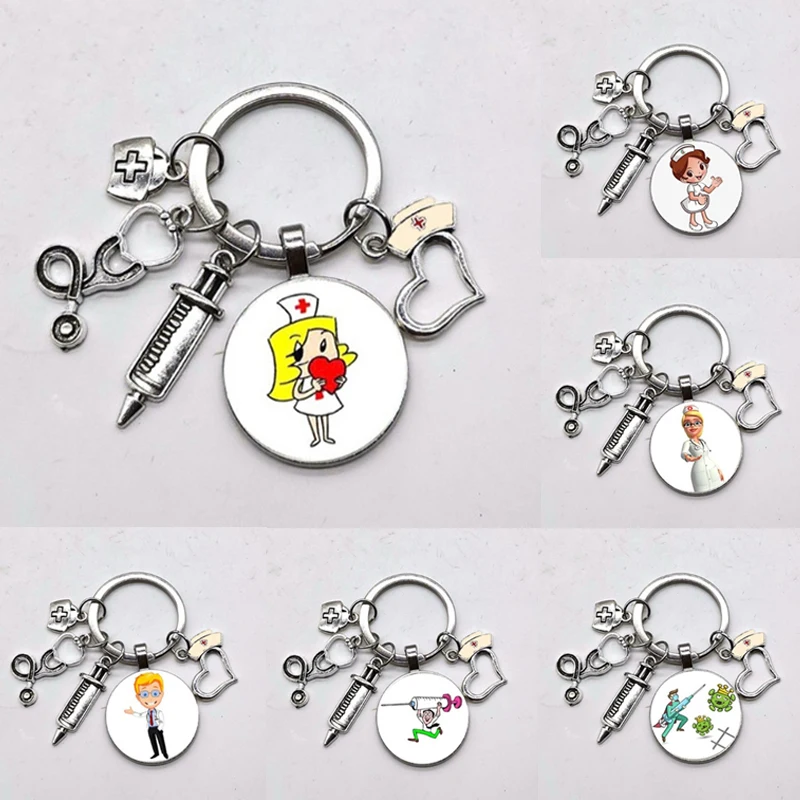 

New Creative Nurse Medical Syringe Stethoscope Image Keychain Glass Suitable Nurses and Doctors Key Ring Pendant Jewelry Gift