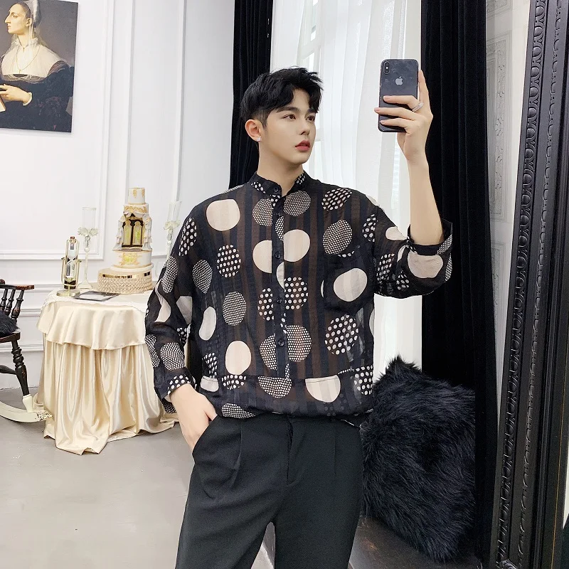 Men's Long-Sleeve Shirt Spring And Summer New Wave Point Gentleman Mature Stand Collar Leisure Loose Seven-Point Sleeve Shirt