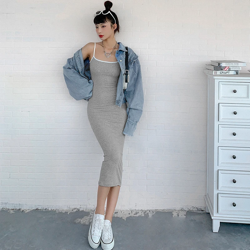 

Daily wear with a solid-colored base tight sling dress women's thin bag hip skirt hip lacing Sling skirt bodycon suit