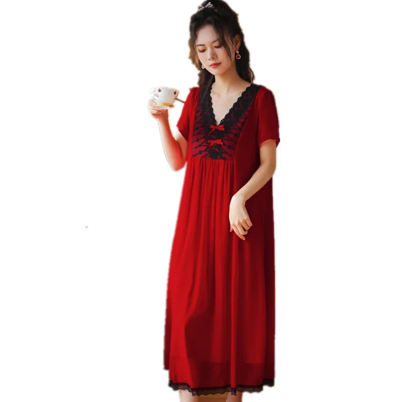 

Women Sleepwear Ladies Long Nightdress High-End Modal Palace Princess Sleepdress Sexy Lace Nightgown Loose Homewear Dress Nighty