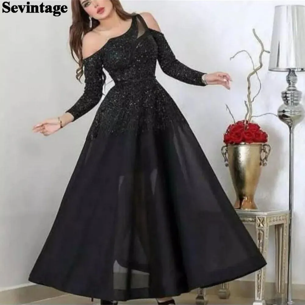 Sevintage Black Appliques Lace Arabia Prom Dresses Long Sleeves Dubai Evening Party Gowns Off Shoulder Plus Size Formal Dress (0)