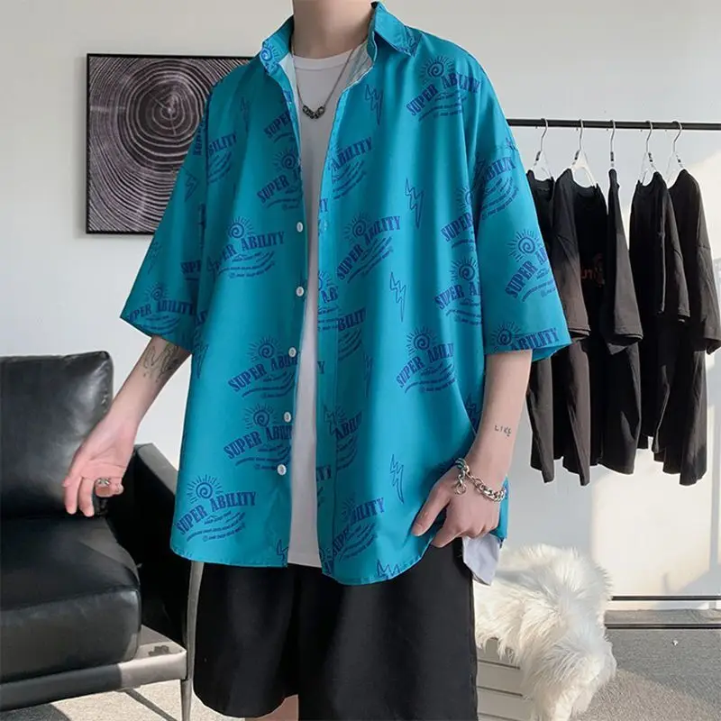 men shirts Summer Letter Printing Loose Short-Sleeved Men's Shirt Tops Oversized Casual Harajuku Style Hawaii Tops Beach Shirt