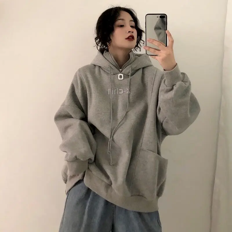 

Autumn Winter Women's Hoodies Korean Version Loose High Neck Zipper Harajuku Style Hooded Top Ins Plus Velvet Thickening Jacket