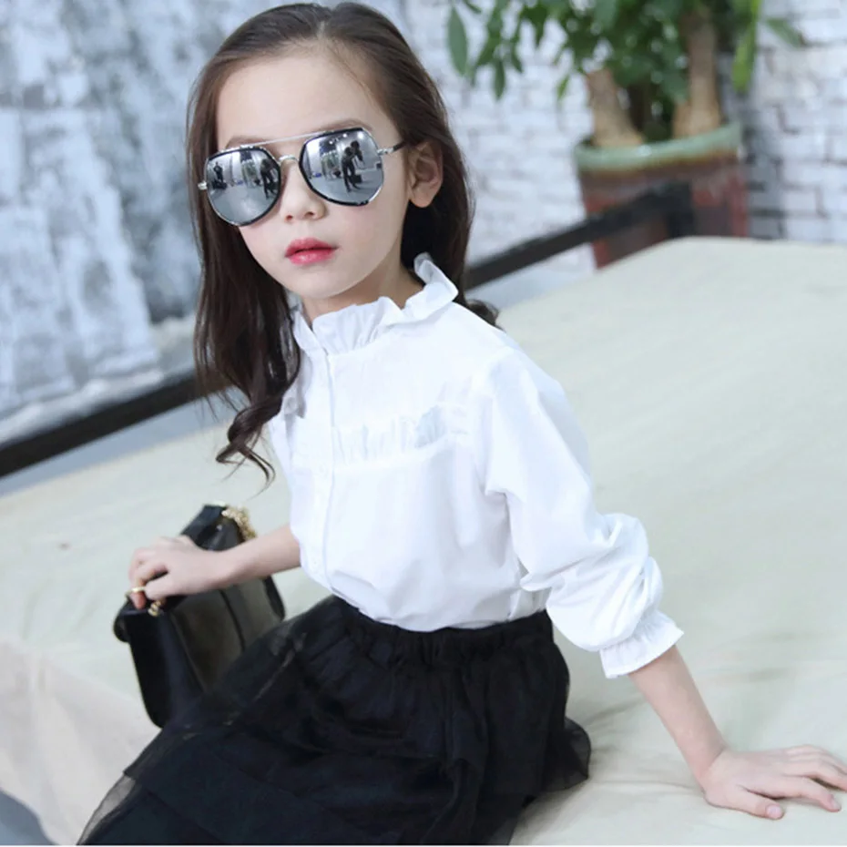 Блузка для девочек однотонная блузка белая детская длинная рубашка Детская