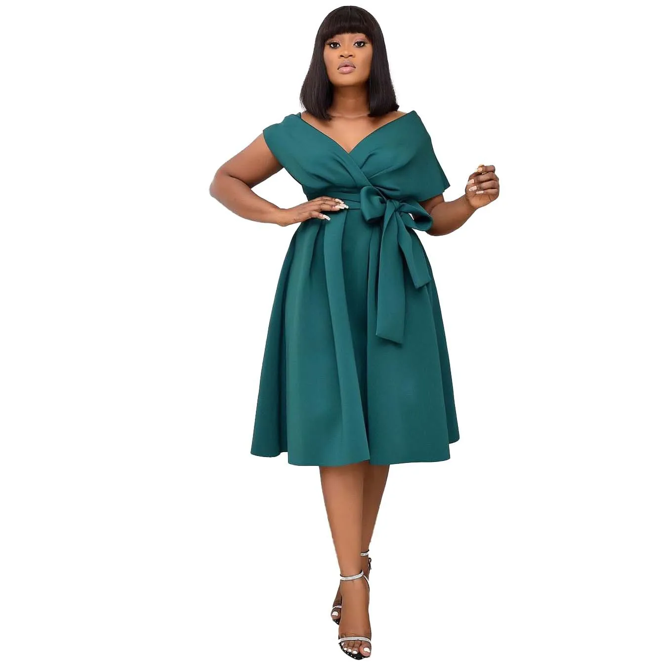 

Newest Elegant Women Gorgeous Elegant Dresses Deep V-Neck Short Sleeve Waist Lace Up Bow Mid-Calf Length Dress 2021 Spring