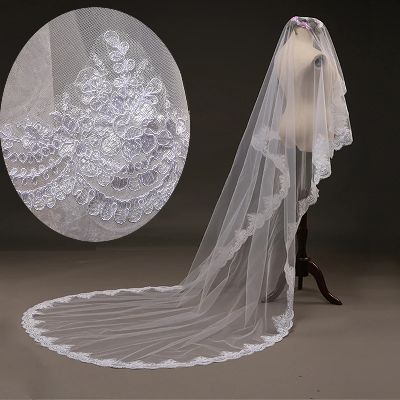 Свадебные аксессуары Длинная свадебная вуаль с кружевом высшего качества 1 слой