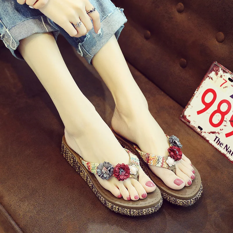 

Women slippers mid-heel flip-flops vacation slippers summer all-match outer wear seaside thick-soled non-slip beach shoes