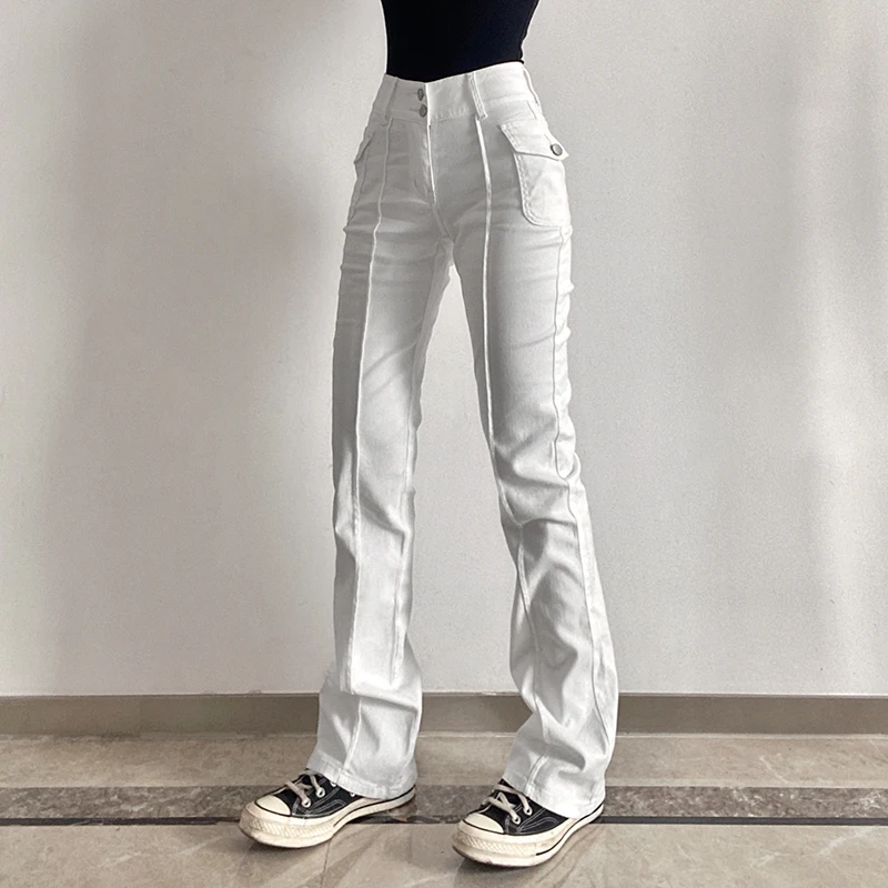 

Stylish White Y2K Flare Jeans For Girls Fashion 2021Skinny Low Waist Trouser Frmale Vintage Black Women's Denim Pants Streetwear