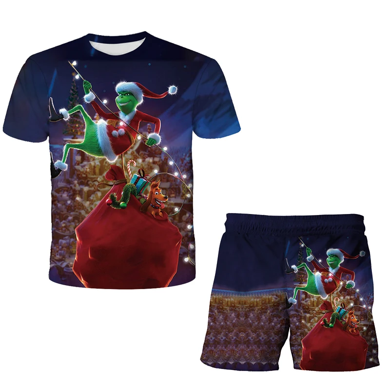 

Grinch Anime Children's Suit 2021 Summer 3D Boys Girls Short Sleeve T-shirt + Shorts Two-piece Cute Color Suit 4-14 Years Old