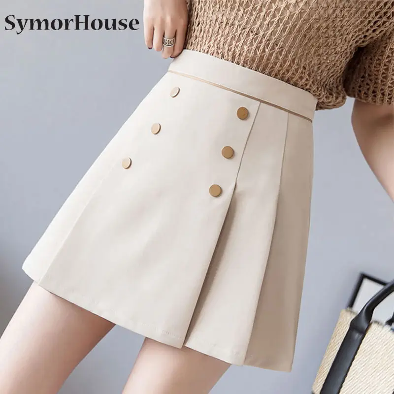 

Office Lady 2022 Spring Summer Pleated Skirts Women Korean High Waist Streetwear Mini Skirt Double Breasted A-Line Skirts Female