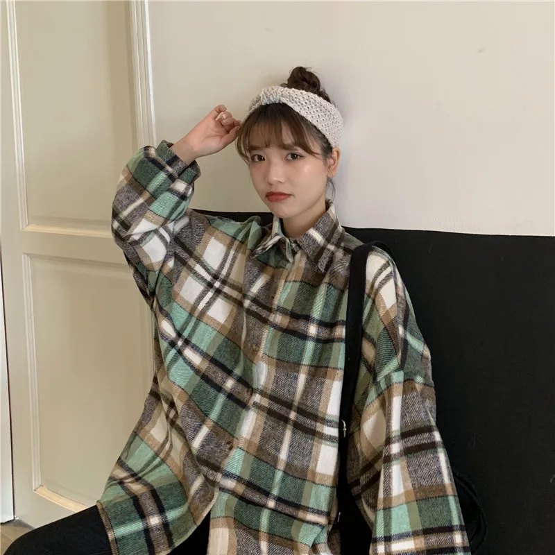 Корейская клетчатая рубашка женская одежда Harajuku однобортная Осенняя рубашка с длинными рукавами женская рубашка большого размера с отворотом Женская