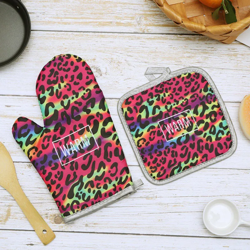 Домашние 2 шт./компл. рукавицы для духовки с изоляционным ковриком леопардовые