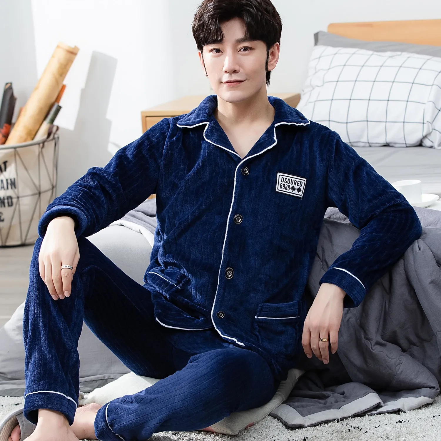 

2 шт., фланелевые пижамные комплекты, Мужская одежда для сна с длинным рукавом, одежда для сна, повседневный Пижамный костюм с эластичной тал...