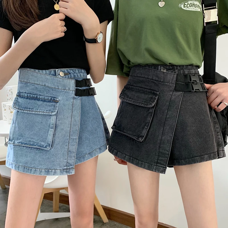 

New Summer Women Streetwear Chic High Waist Denim Shorts Skirts With Buckle Female Black Casual Vintage Cargo Jean Skirt Shorts
