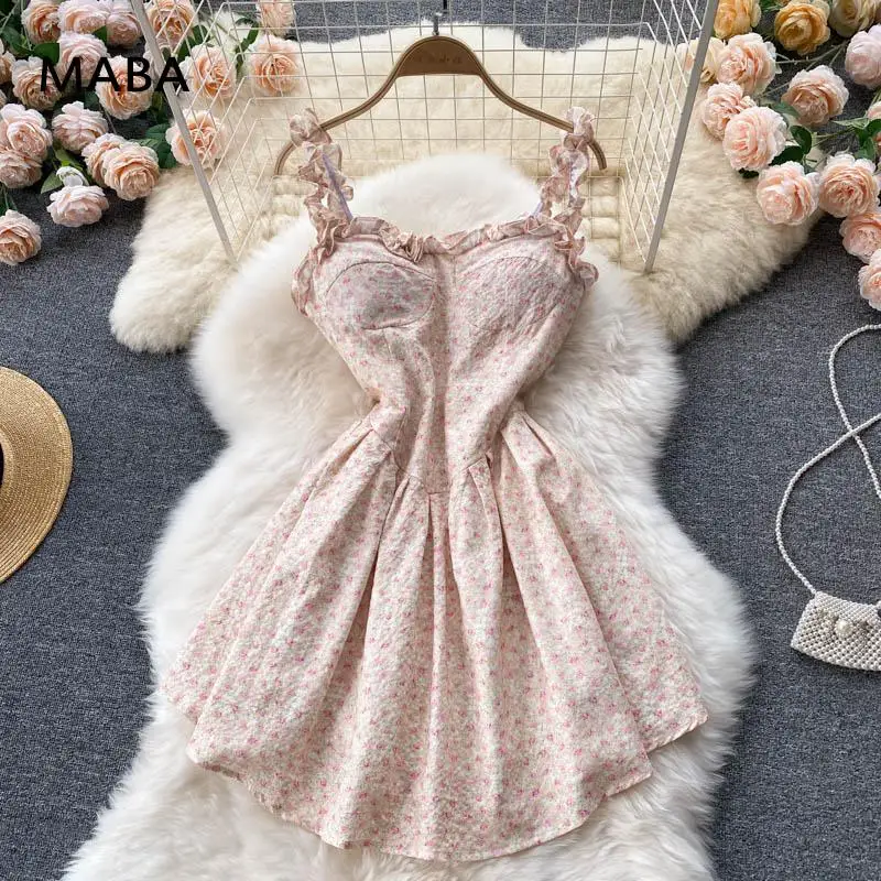 

French Sexy Sweet Mini Strap Dress Summer New Women Square Collar Off Shoulder High Waist Pink Floral Short Dress Party Midi