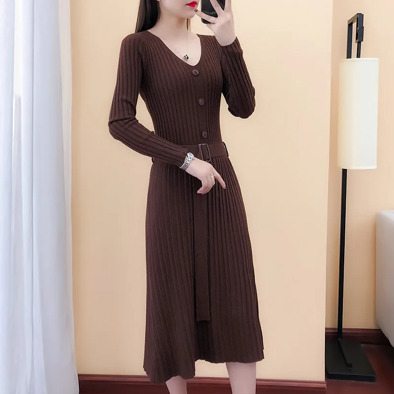 

Autumn Winter Knit Dress Women Casual V Neck Slim Bodycon Sweater Dresses Office Lady Korean Style Button Dress With Belt D285